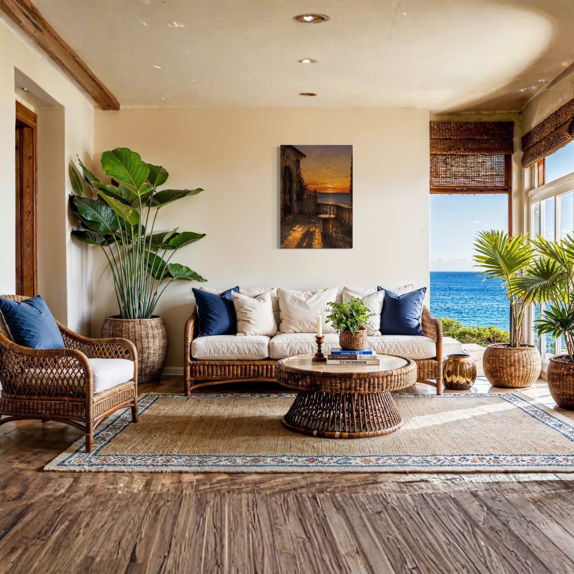 A bright, open-air living room with a wicker sofa, matching armchair, round wicker coffee table, and a large patterned area rug. The room is decorated with potted plants, blue accent pillows, and The Hour Mediterranean canvas art on the wall.