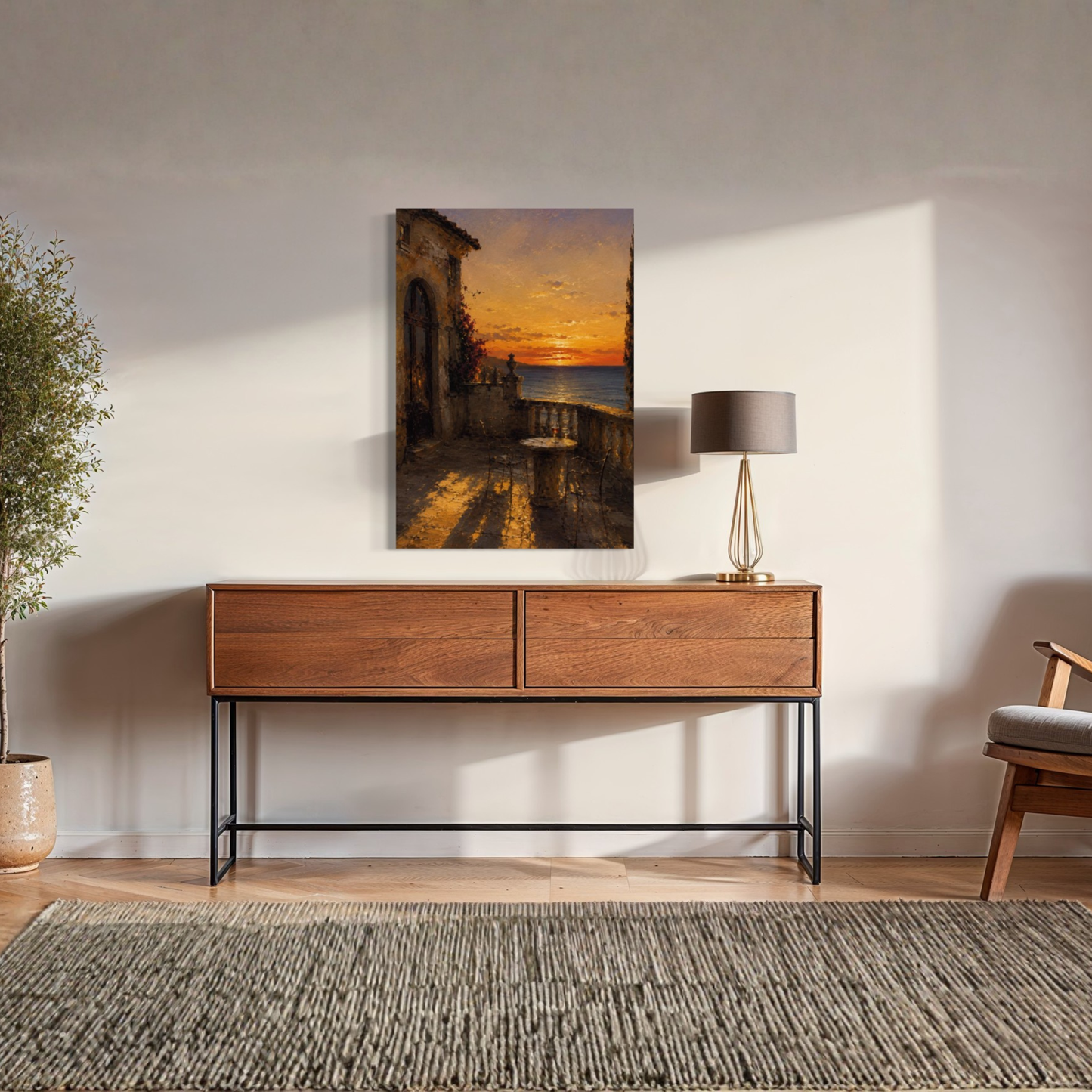The Hour Mediterranean canvas art displayed on a white wall above a wooden console table in a modern living room setting.