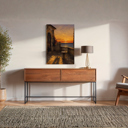 The Hour Mediterranean canvas art displayed on a white wall above a wooden console table in a modern living room setting.