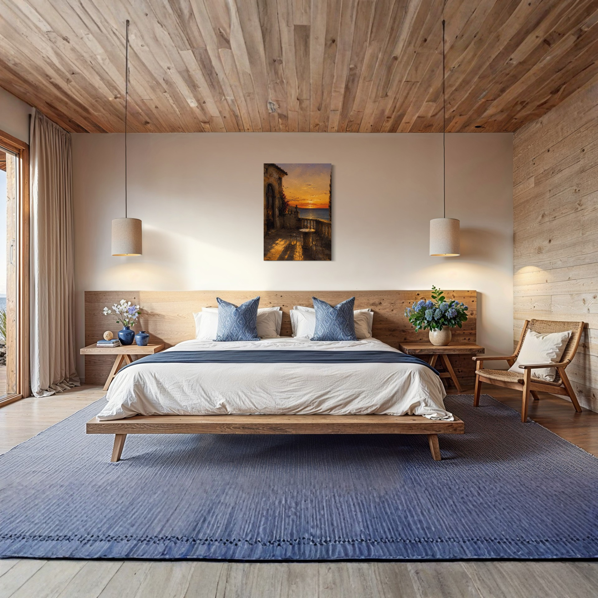A modern bedroom with a low wooden platform bed dressed in white bedding and blue pillows, centered on a large blue rug. The room has light wood walls and ceiling, two pendant lights, bedside tables with flowers, and The Hour Mediterranean canvas art displayed above the bed.