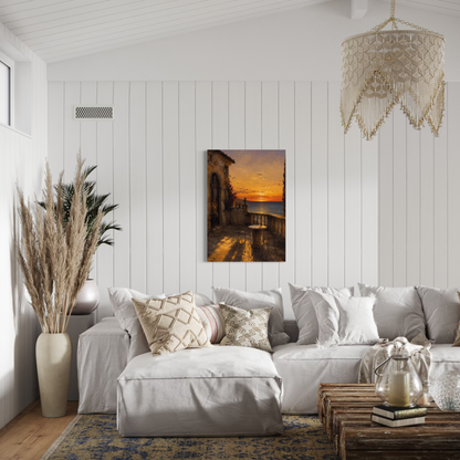 The Hour Mediterranean canvas art hanging on a white paneled wall above a light gray fabric sofa in a styled living room.
