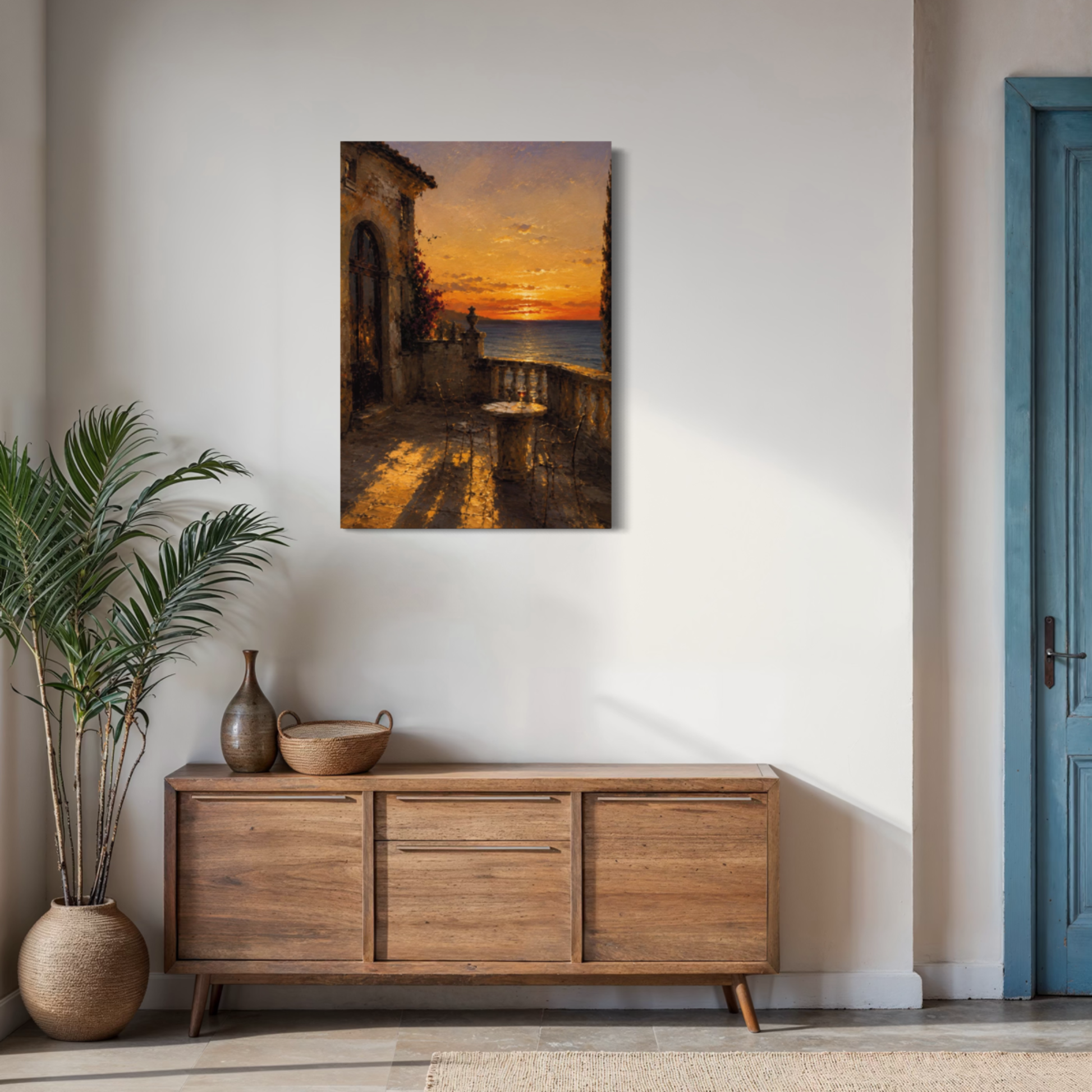 The Hour Mediterranean canvas art styled in a modern living room setting above a wooden sideboard.