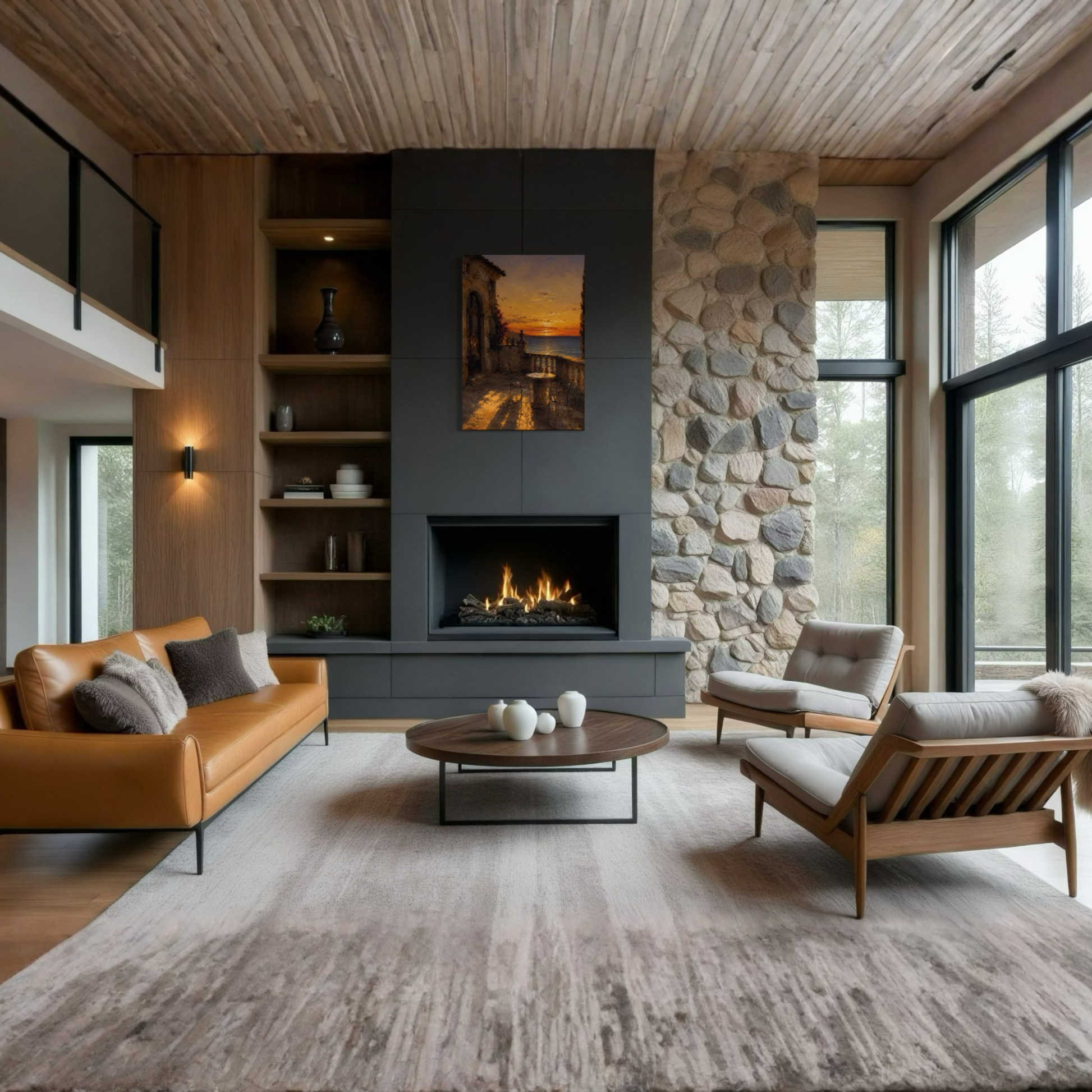 A modern living room interior with a tan leather sofa, two light wood armchairs with gray cushions, a round dark coffee table, a built-in fireplace, The Hour Mediterranean canvas art, open shelving, and a stone wall section. Large windows and a wood ceiling are visible.