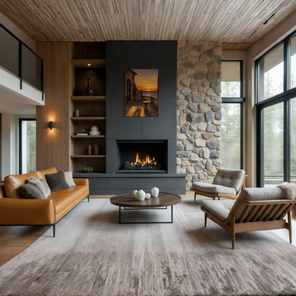 A modern living room interior with a tan leather sofa, two light wood armchairs with gray cushions, a round dark coffee table, a built-in fireplace, The Hour Mediterranean canvas art, open shelving, and a stone wall section. Large windows and a wood ceiling are visible.