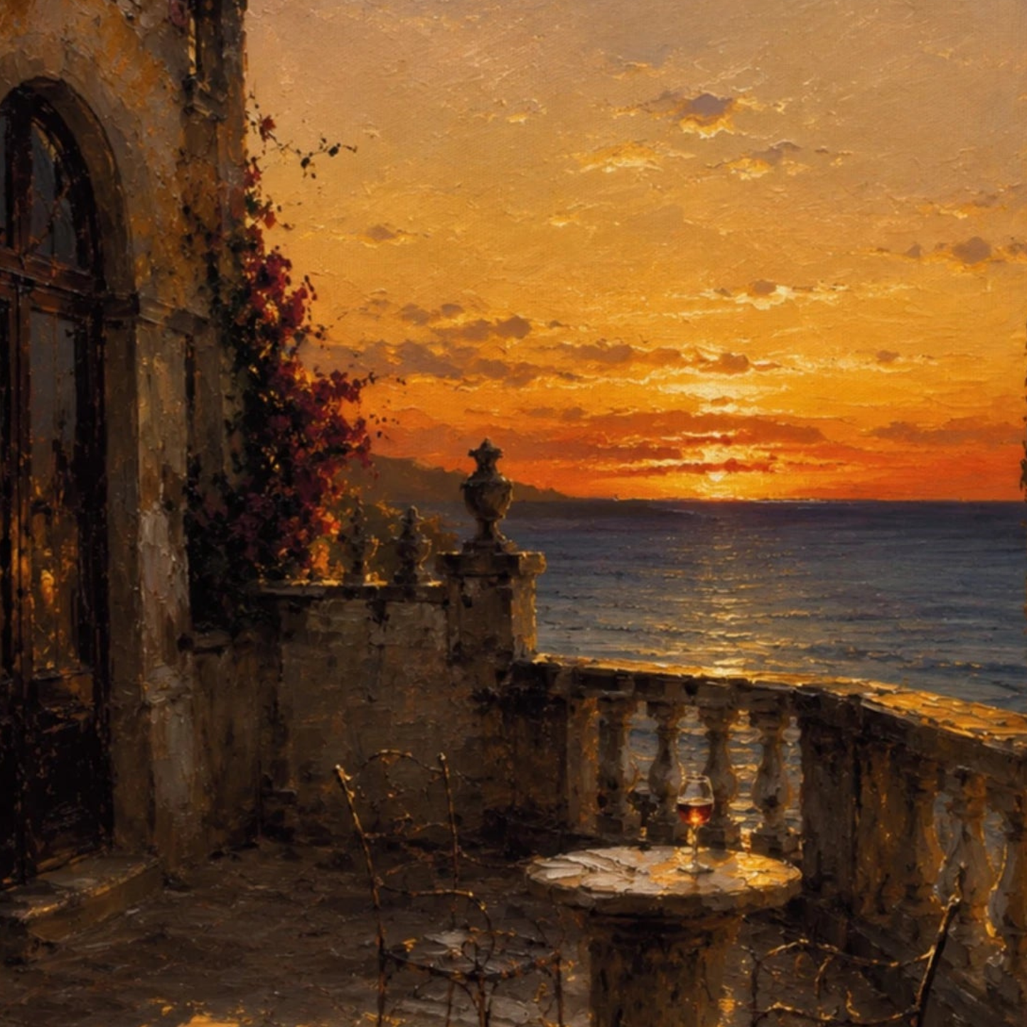 Close-up of painterly Mediterranean canvas art with warm terrace light, textured stone, sea horizon and long evening shadows.