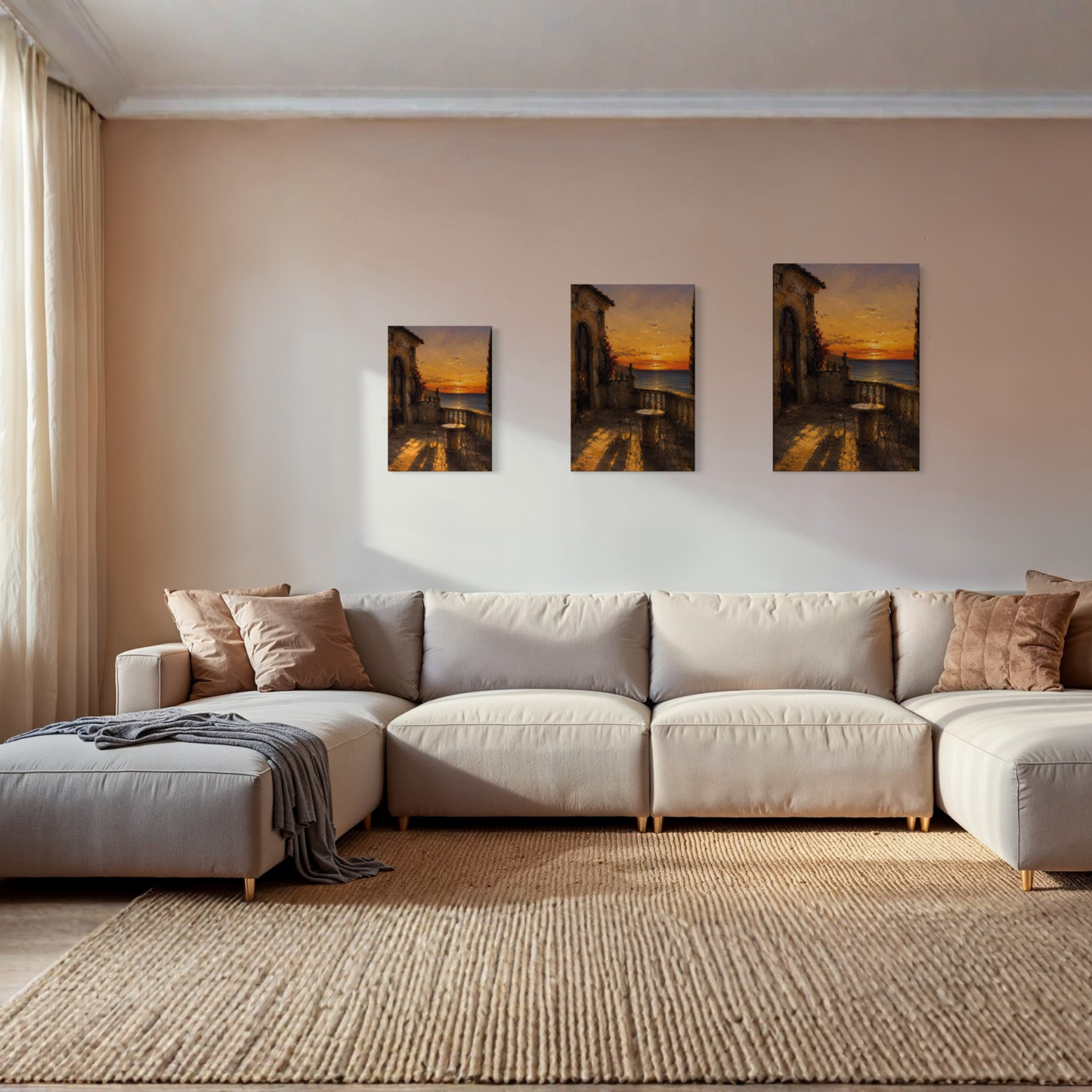 The Hour Mediterranean canvas art displayed in a calm luxury interior- 3 sizes.