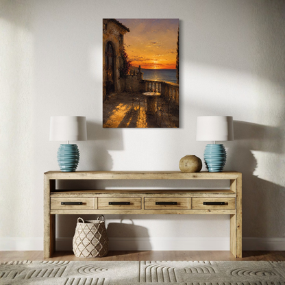 The Hour Mediterranean canvas art displayed on a white wall above a rustic wooden console table with two blue lamps and decorative items.
