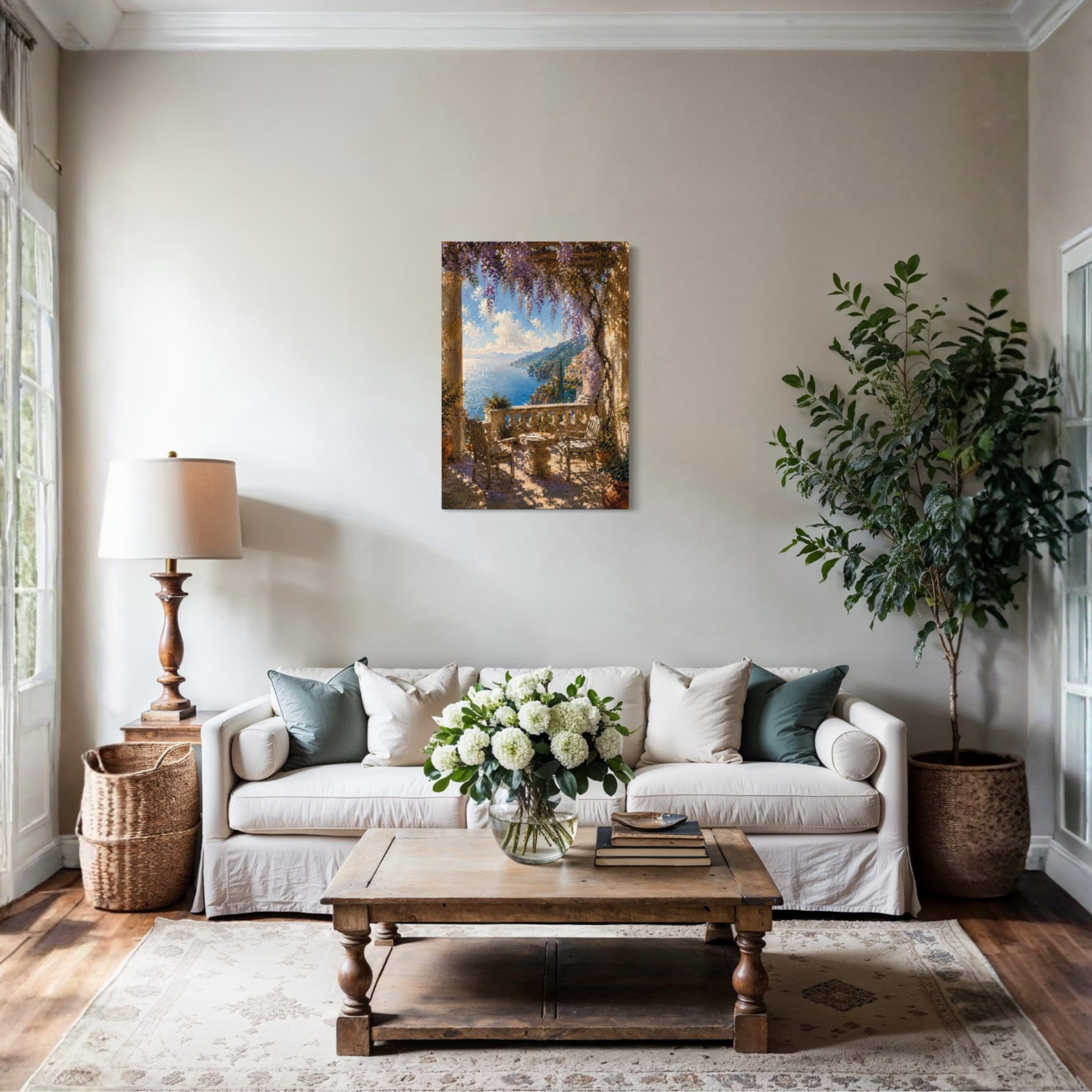 The Terrace Mediterranean canvas art displayed in a styled interior.