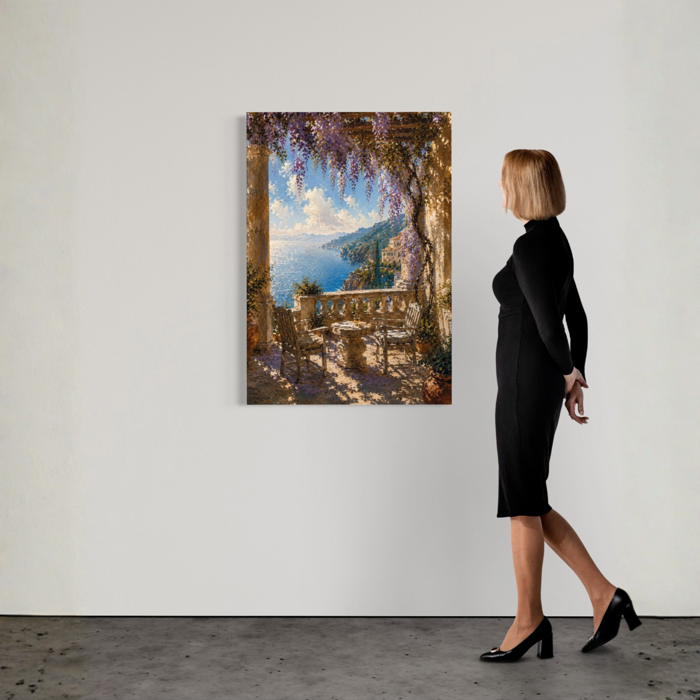 Mediterranean terrace canvas art showing cascading wisteria, weathered stone, sea view and quiet coastal light.