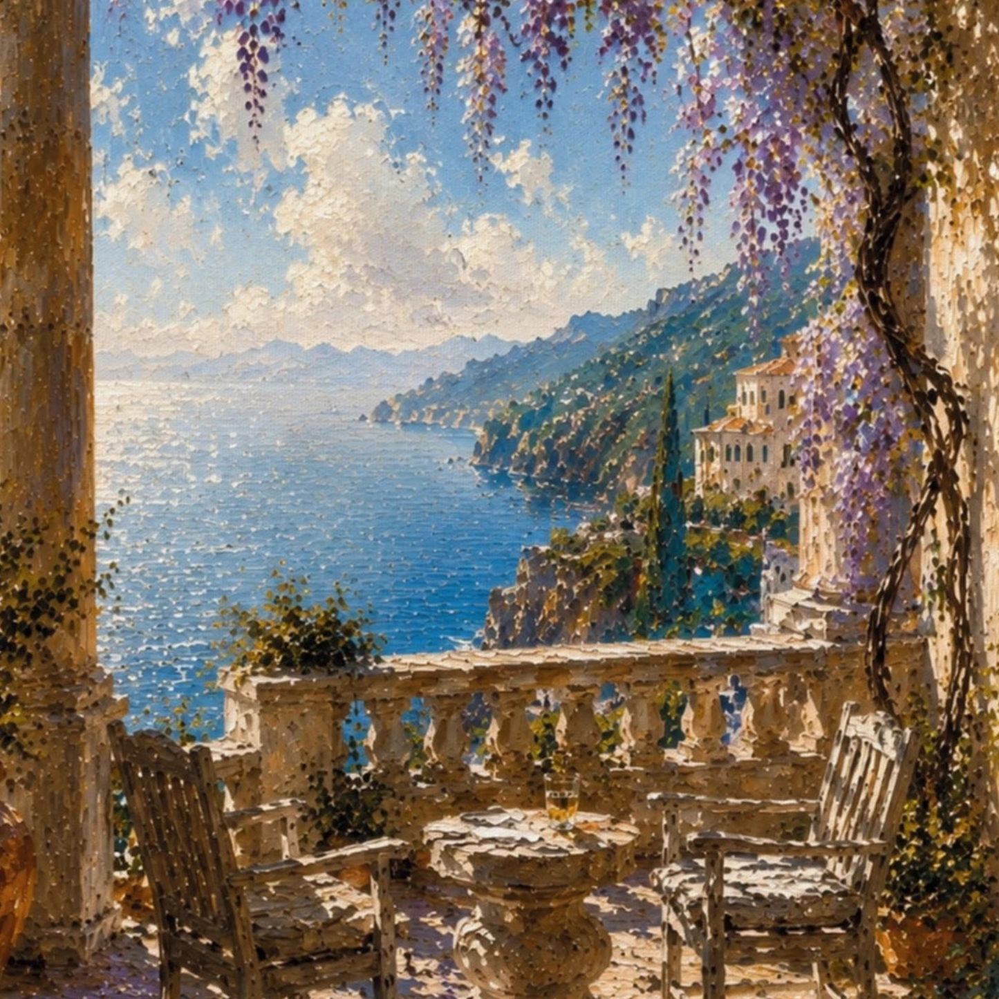 Close-up of painterly Mediterranean canvas art with cascading wisteria, stone terrace, sea view and textured coastal light.