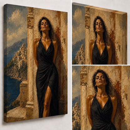 Gallery-wrapped canvas detail of Salt & Stone with warm stone texture, coastal light and artwork continuing around the edges.