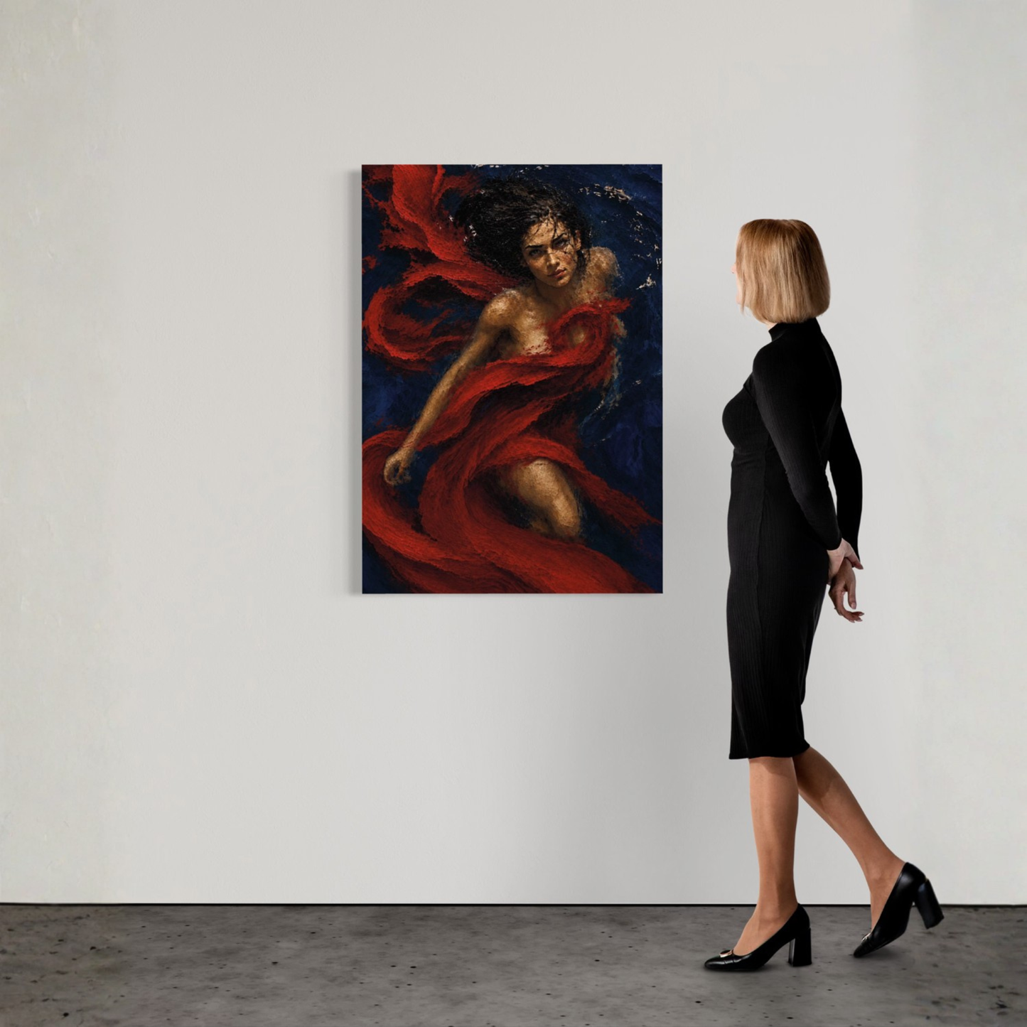 Crimson Undertow underwater woman canvas art with red fabric moving through deep cobalt water.