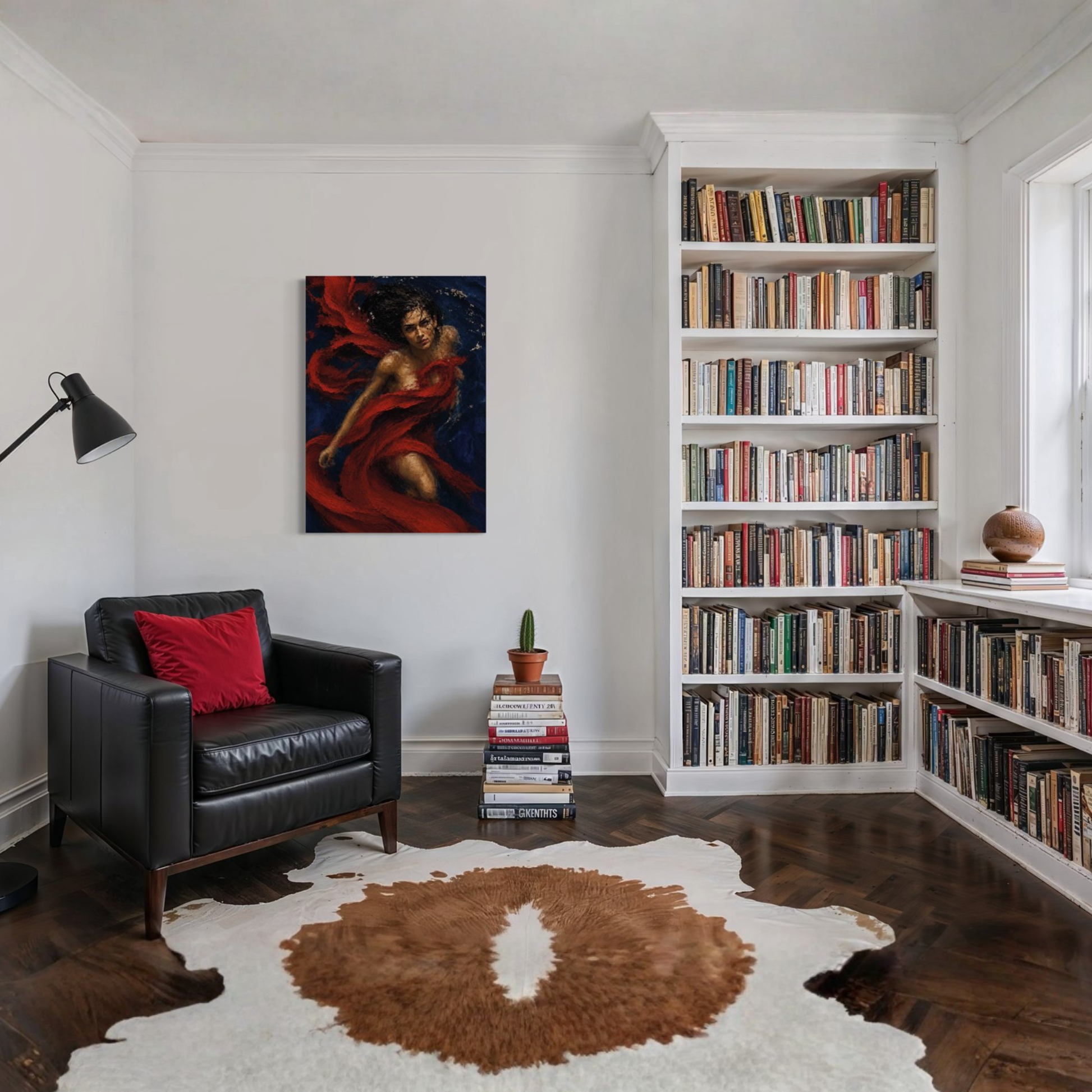 The Crimson Undertow gallery-wrapped canvas displayed on a white wall in a modern living room setting with a black leather armchair, a red accent pillow, and a brown and white cowhide rug.
