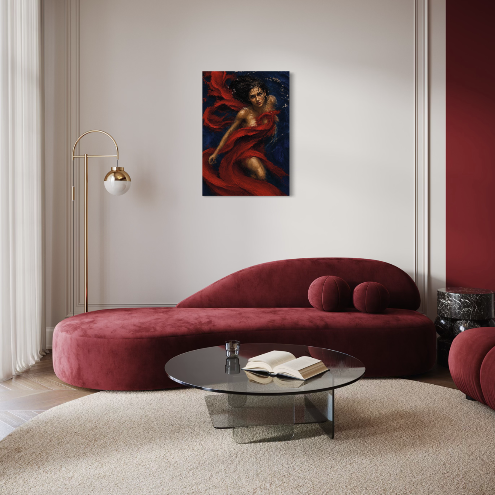 The Crimson Undertow gallery-wrapped canvas displayed on a light gray wall in a modern living room setting above a curved red sofa.
