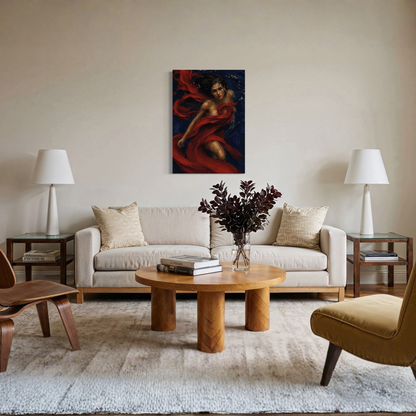 A staged living room with a cream sofa, wooden coffee table, side tables, lamps, chairs, and  the Crimson Undertow gallery-wrapped canvas hanging on the wall above the couch.