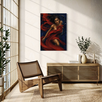 The Crimson Undertow gallery-wrapped canvas displayed on a white wall in a modern, sunlit room with a wooden chair and sideboard.