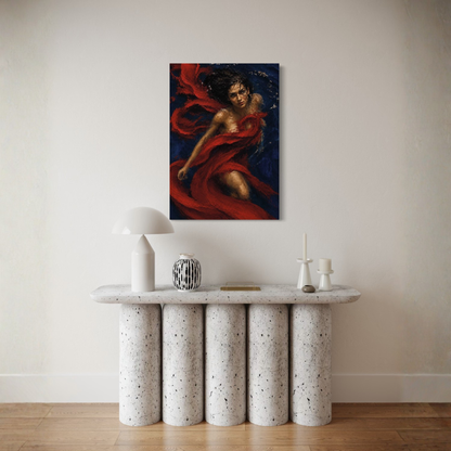 Crimson Undertow gallery-wrapped canvas displayed on a beige wall above a modern speckled stone console table with decorative objects.