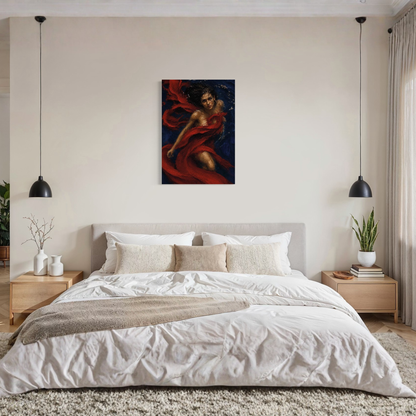 A modern bedroom featuring the Crimson Undertow gallery-wrapped canvas  hung on the wall above a neatly made bed with white linens.