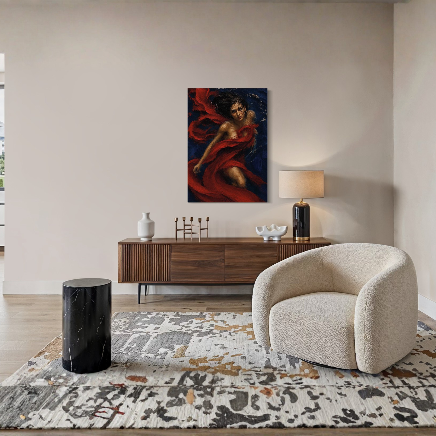 The Crimson Undertow gallery-wrapped canvas displayed above a wooden console table in a modern living room setting with a cream armchair and patterned rug.