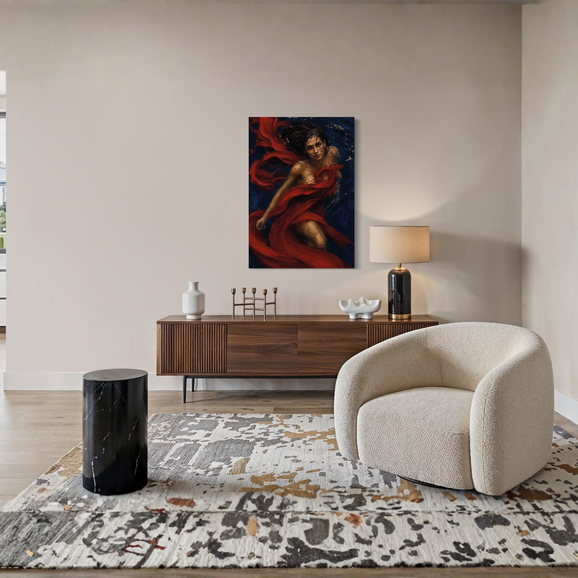 The Crimson Undertow gallery-wrapped canvas displayed above a wooden console table in a modern living room setting with a cream armchair and patterned rug.