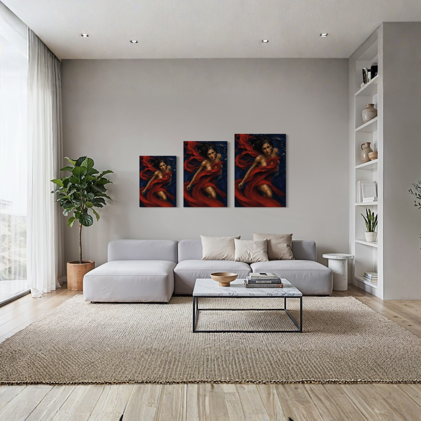 A modern living room with a light gray sectional sofa, a low glass coffee table, a large beige rug, the Crimson Undertow gallery-wrapped canvas hanging on the wall above the sofa.