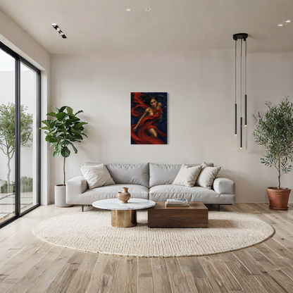 A modern living room with a light gray sofa, round white coffee table, potted plants, and the Crimson Undertow gallery-wrapped canvas above the couch.