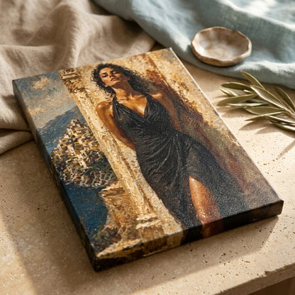 Gallery-wrapped canvas detail of Salt & Stone with warm stone texture, coastal light and artwork continuing around the edges.