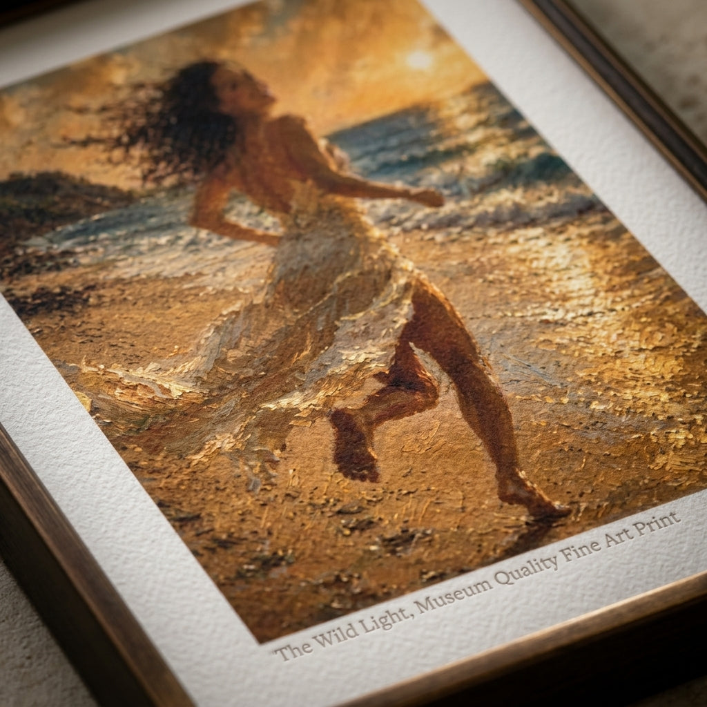 Close-up of painterly Mediterranean art with windblown hair, flowing white fabric, moving sea and golden sunset light.