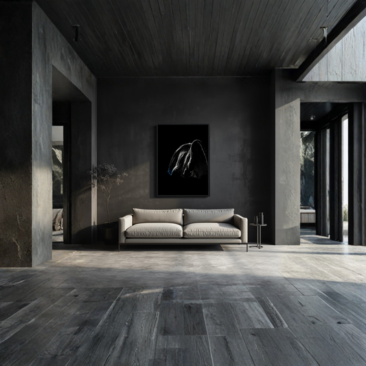 Framed fine art print titled Descente II by LunarHeartCo, 50x70 cm, with an abstract design in a sleek black frame.