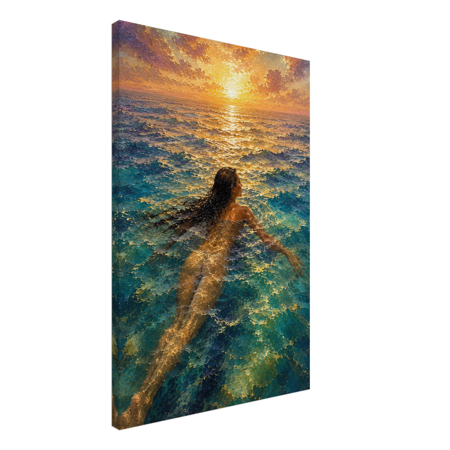 Gallery-wrapped canvas detail of The Current with turquoise water, golden sunset reflection and artwork continuing around the edges.