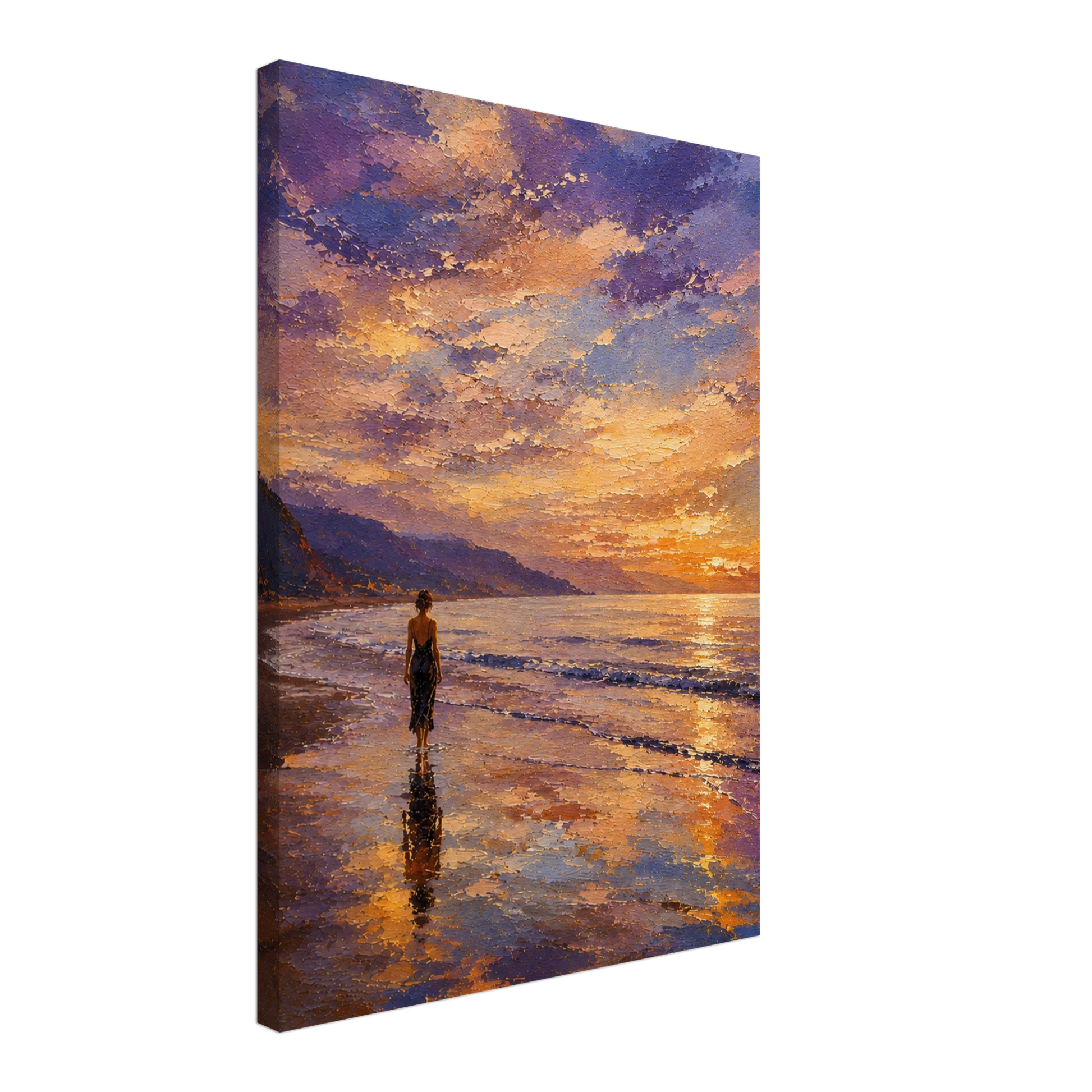 Gallery-wrapped canvas detail of The Shore with sunset reflections, wet sand and artwork continuing around the edges.