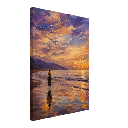 Gallery-wrapped canvas detail of The Shore with sunset reflections, wet sand and artwork continuing around the edges.
