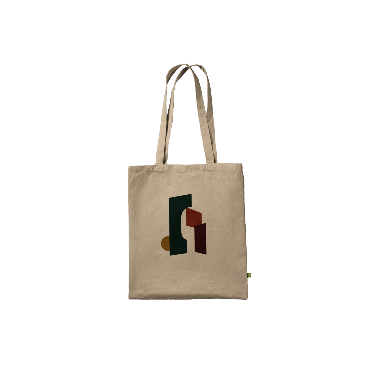 Front view of THE THRESHOLD natural cotton tote featuring green, rust, burgundy and ochre abstract artwork.