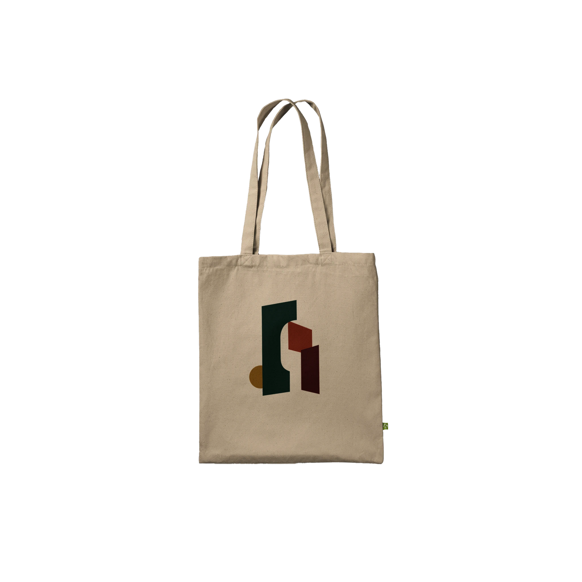 Front view of THE THRESHOLD natural cotton tote featuring green, rust, burgundy and ochre abstract artwork.