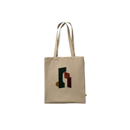 Front view of THE THRESHOLD natural cotton tote featuring green, rust, burgundy and ochre abstract artwork.