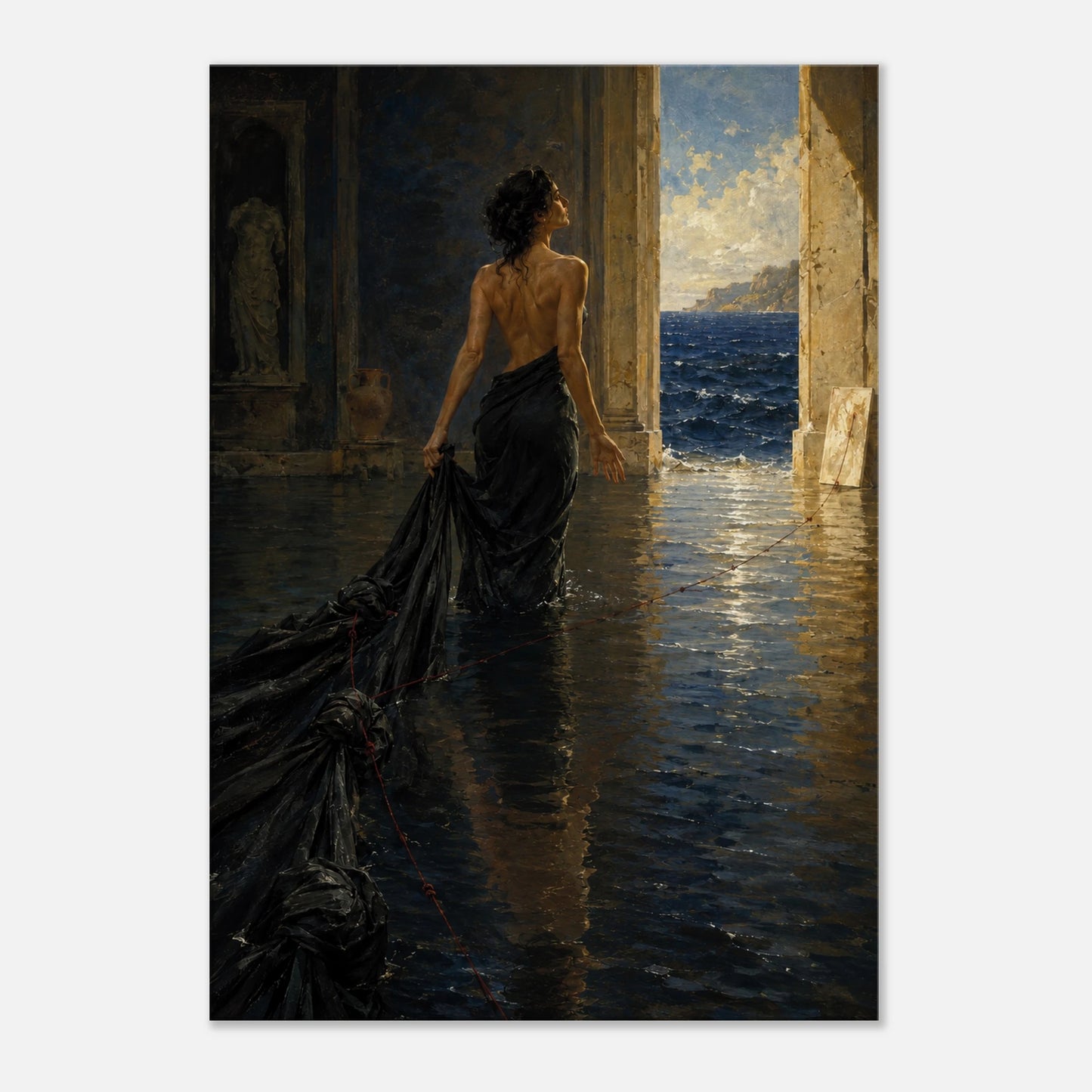 The Passage Mediterranean canvas art featuring a woman in black moving through a flooded stone interior towards the open sea.