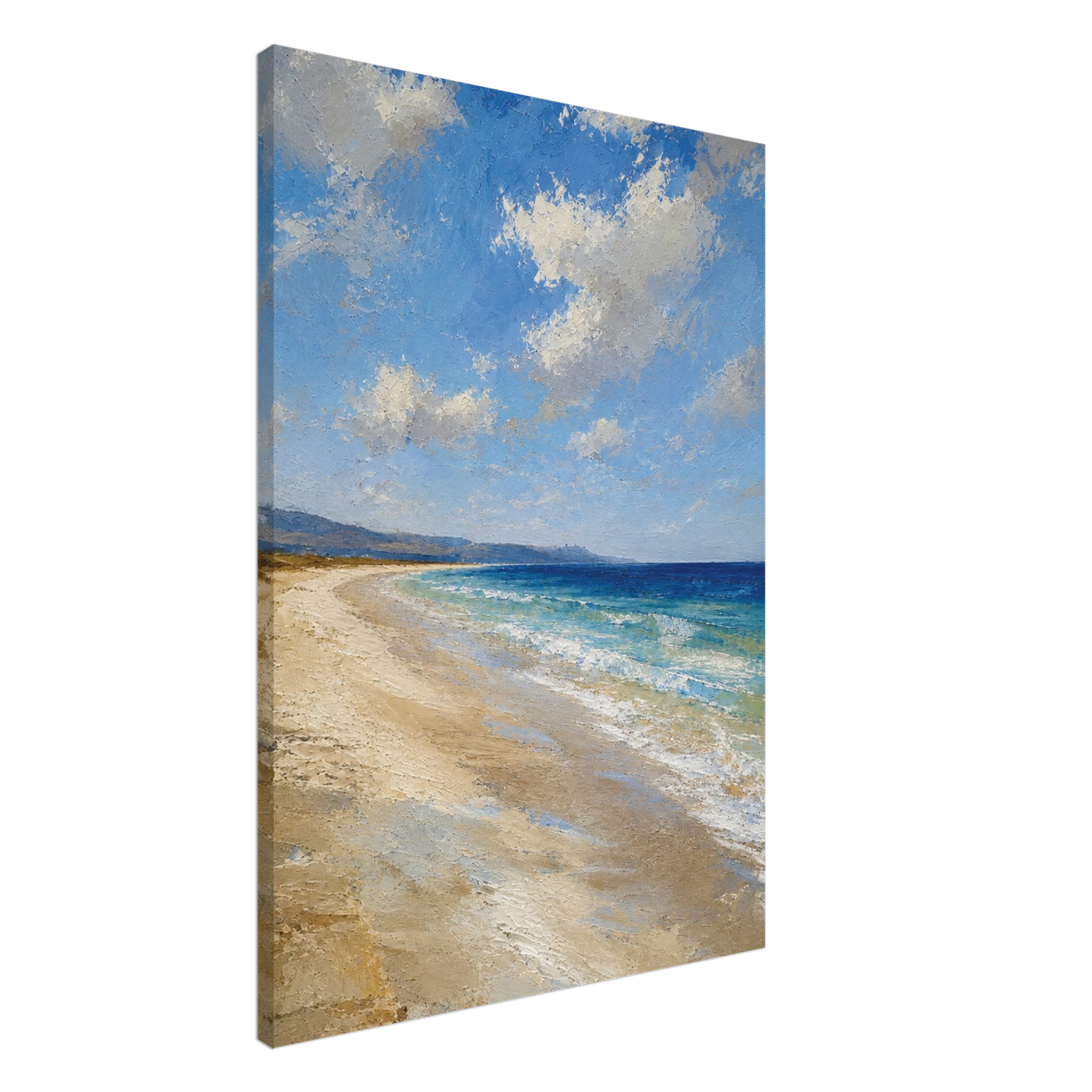 Gallery-wrapped canvas detail of The Blue Distance with blue sea, pale sand and artwork continuing around the edges.