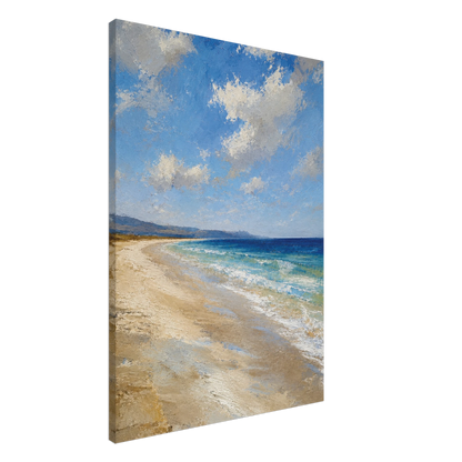 Gallery-wrapped canvas detail of The Blue Distance with blue sea, pale sand and artwork continuing around the edges.