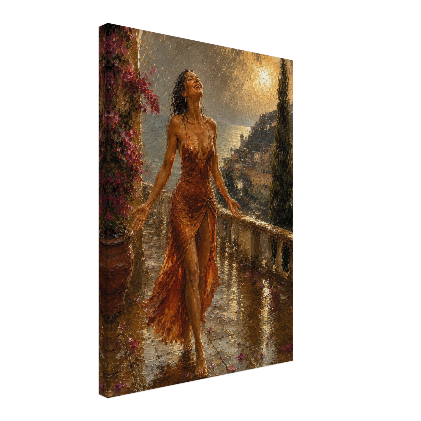 Gallery-wrapped canvas detail of The Sunshower with rain, terracotta fabric and artwork continuing around the edges.