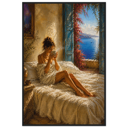 First Light Mediterranean framed art print in a black wood frame.
