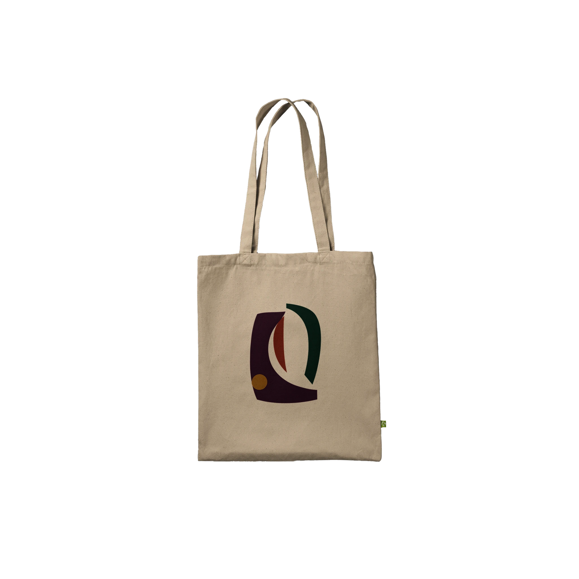 Front view of THE VESSEL natural cotton tote featuring aubergine, forest-green, rust and ochre sculptural artwork.