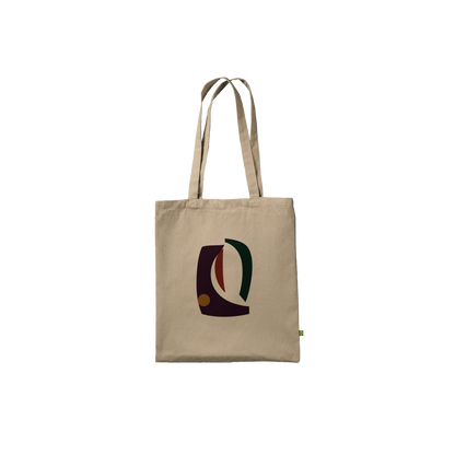 Front view of THE VESSEL natural cotton tote featuring aubergine, forest-green, rust and ochre sculptural artwork.