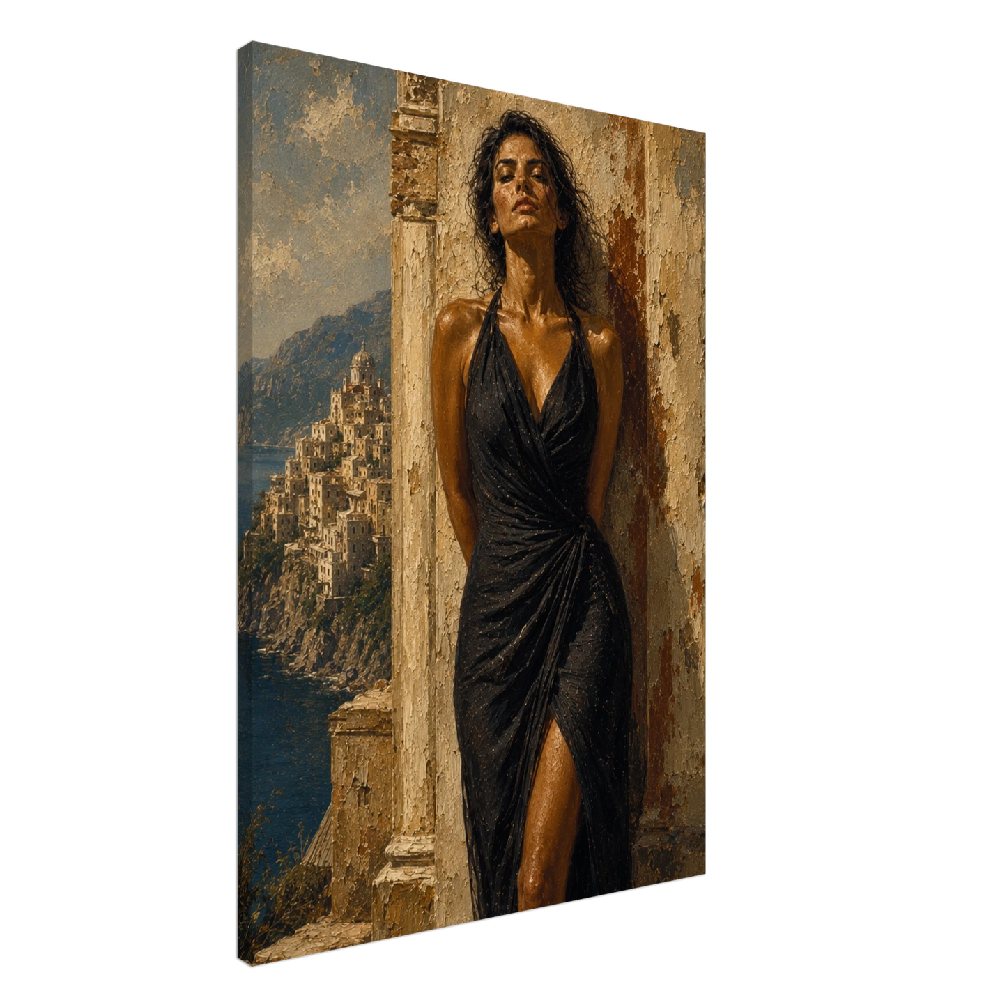 Gallery-wrapped canvas detail of Salt & Stone with warm stone texture, coastal light and artwork continuing around the edges.