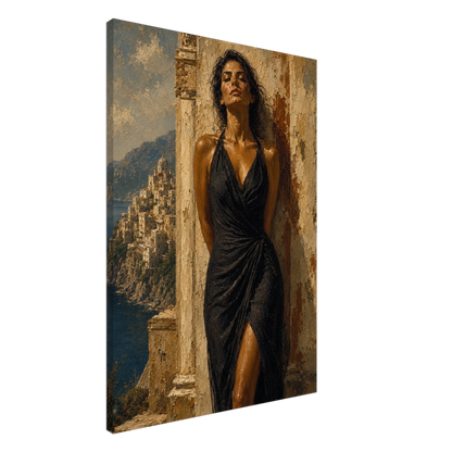 Gallery-wrapped canvas detail of Salt & Stone with warm stone texture, coastal light and artwork continuing around the edges.