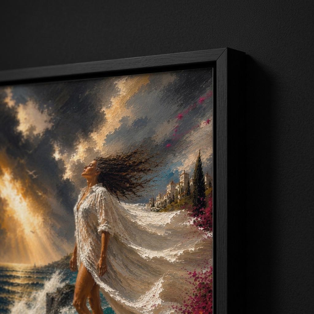 Close-up of painterly storm wall art with white fabric, sea spray, dark clouds and directional golden sunlight.
