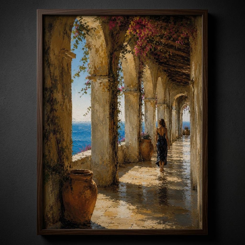 Close-up of Mediterranean loggia wall art with stone columns, sea view, terracotta pots, flowering vines and a lone figure.