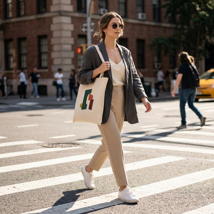 Woman carrying THE THRESHOLD natural cotton art tote while crossing a sunlit city street.
