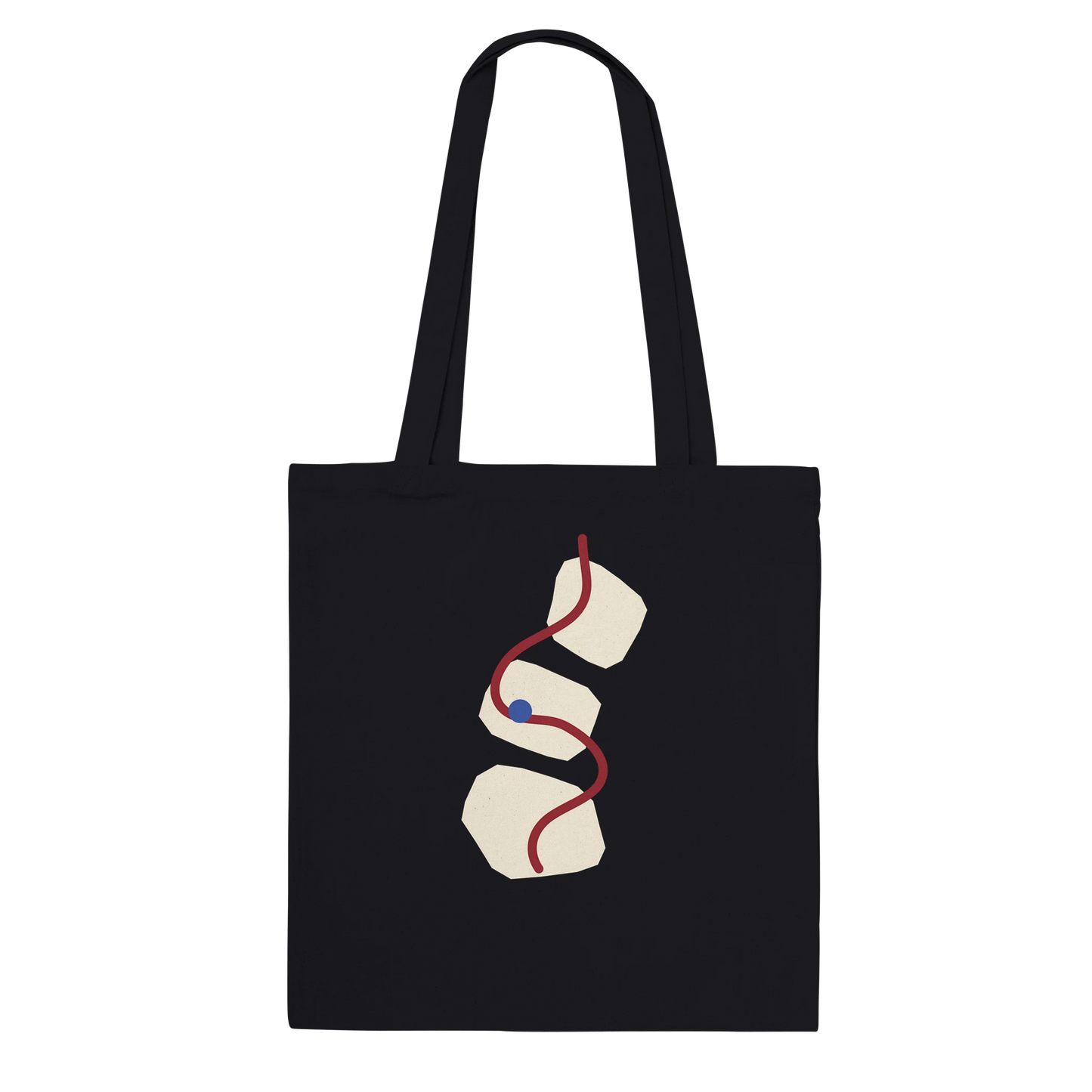 Front view of THE THREAD black cotton tote with original abstract artwork.