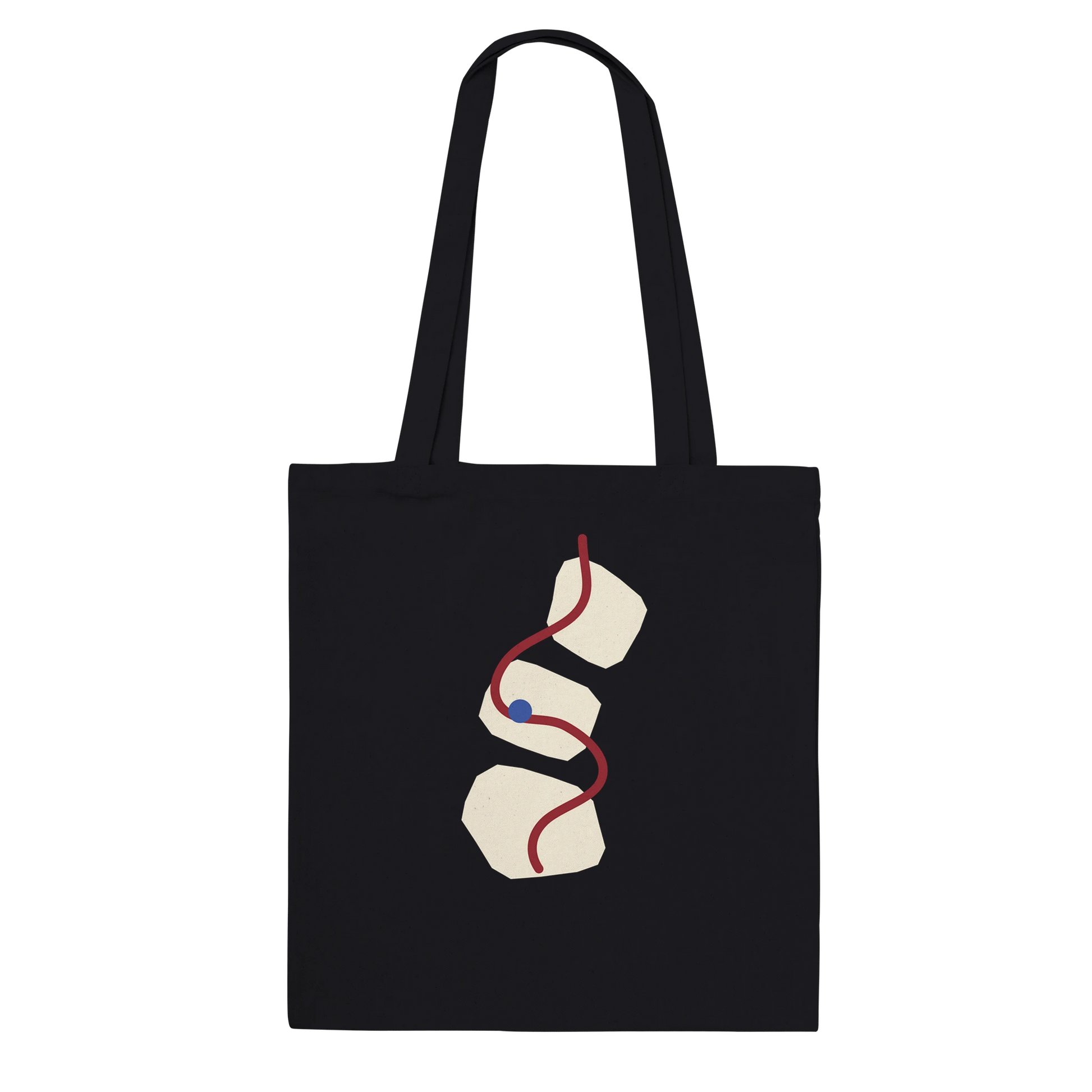 Front view of THE THREAD black cotton tote with original abstract artwork.