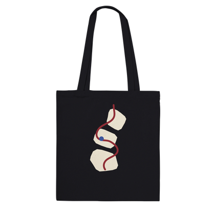 Front view of THE THREAD black cotton tote with original abstract artwork.